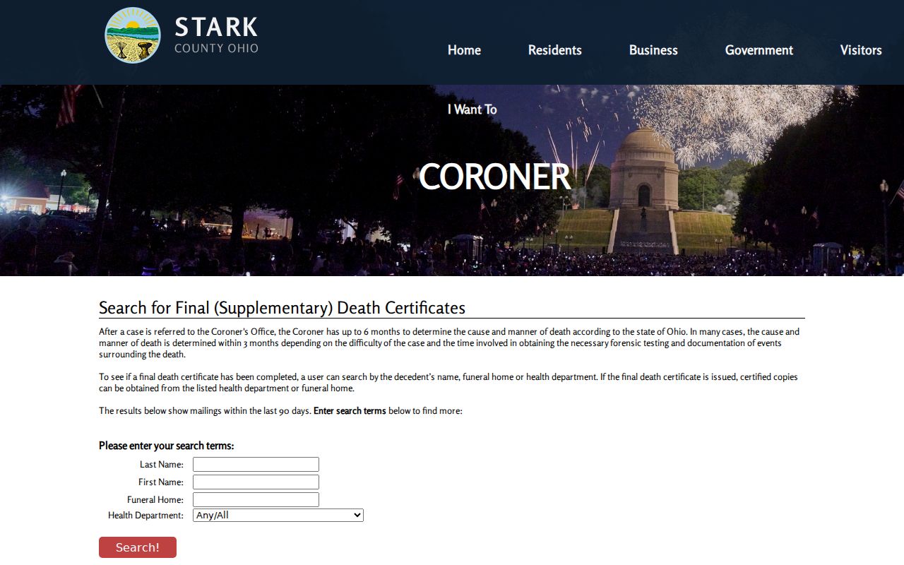 Lake Township resident lookup Coroner supplementary death certificate search