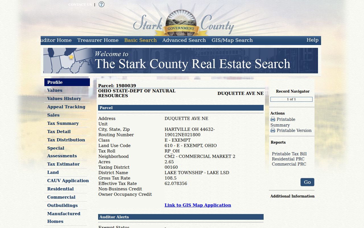 Lake Township ZIP code directory parcel profile with Hartville situs and tax context